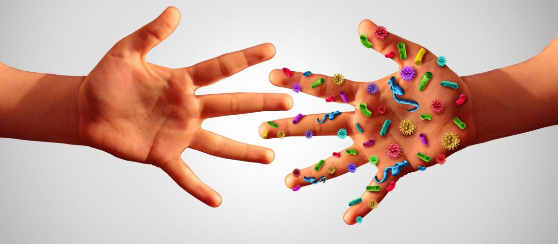 Infectious diseases spread hygiene concept as hands with germ virus and bacteria spreading with illness in public as a community transmission exposure concept as infected people with 3D illustration elements.