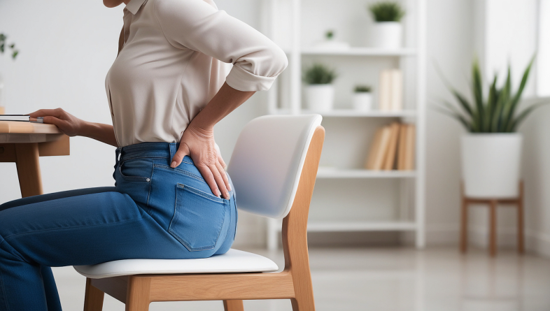 Woman sitting and holding her lower back in discomfort from psoas muscle pain in a home office setting