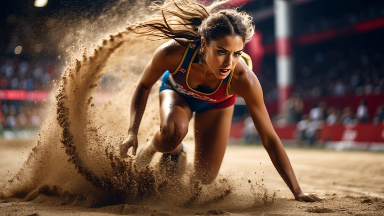 A female runner launching from a running position with sand kicking up.